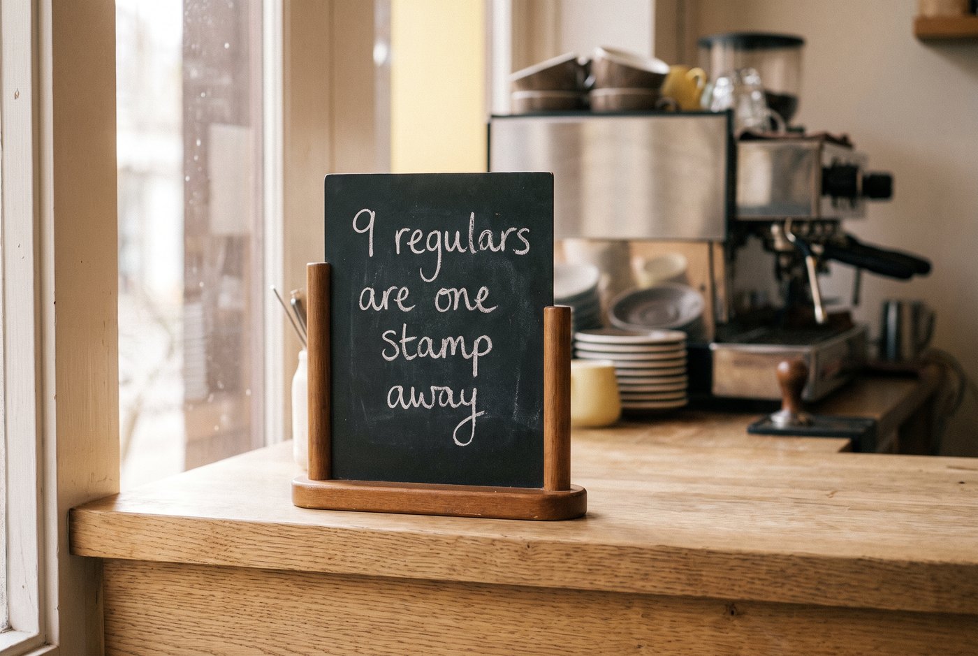 A chalkboard on a cafe counter reading nine regulars are one stamp away, beside the espresso machine