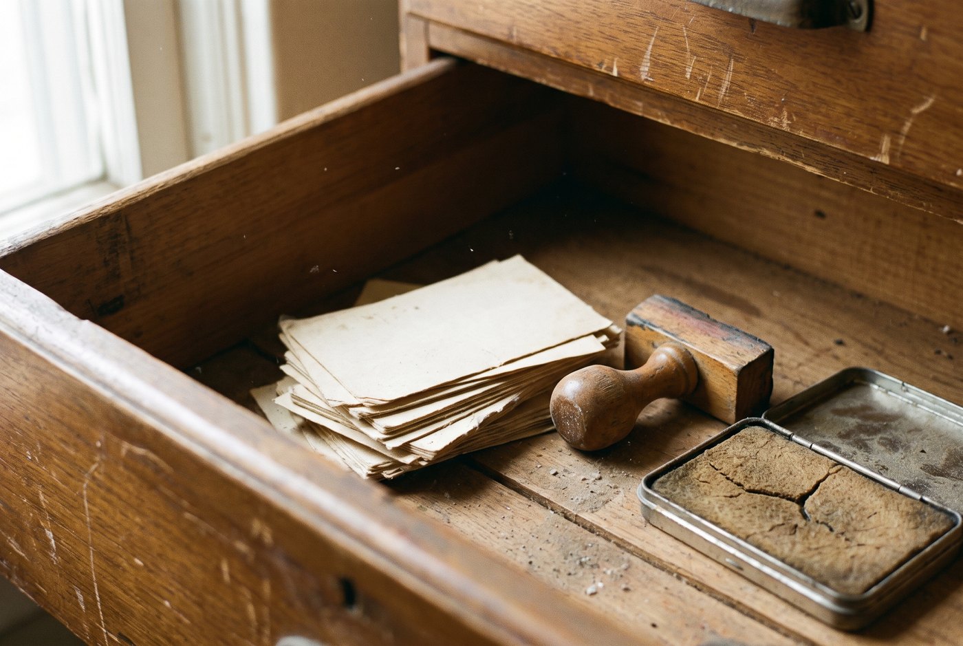 A stack of blank paper loyalty cards in a wooden drawer beside a rubber stamp and a dried out ink pad