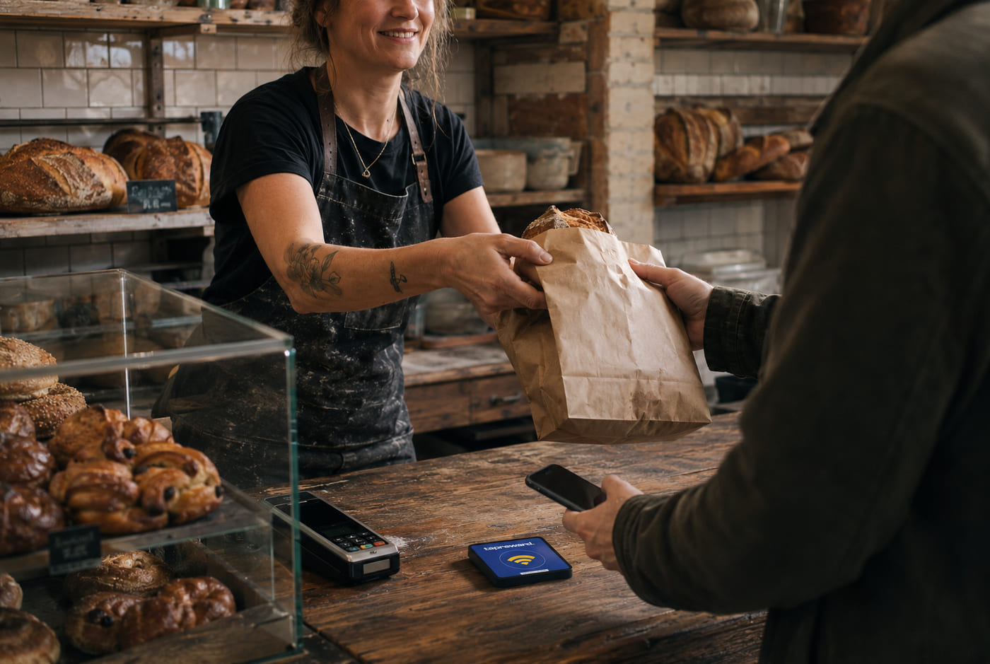 A customer collecting a loaf at a bakery counter with the tap tag beside them