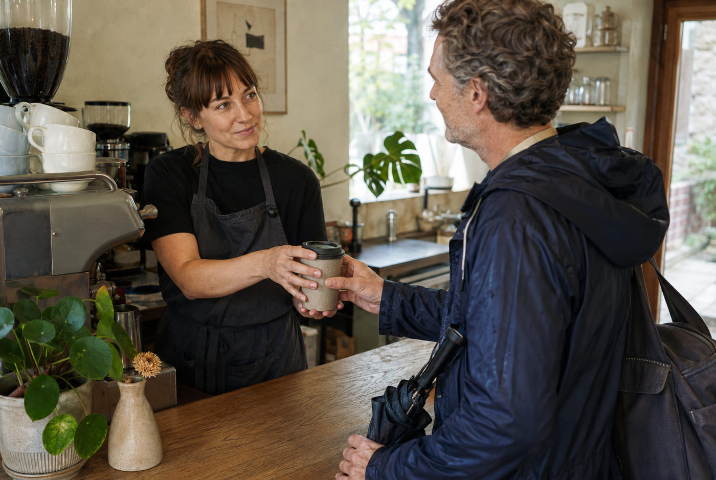 A barista handing a takeaway coffee to a returning regular