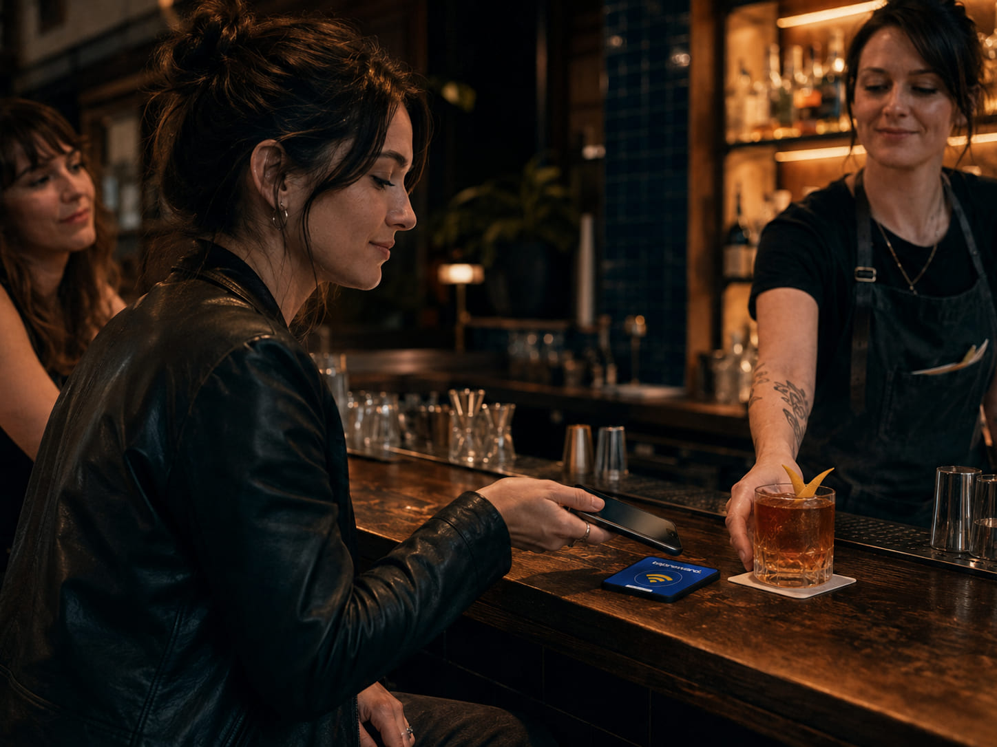 A diner tapping their phone at the counter of an independent bar
