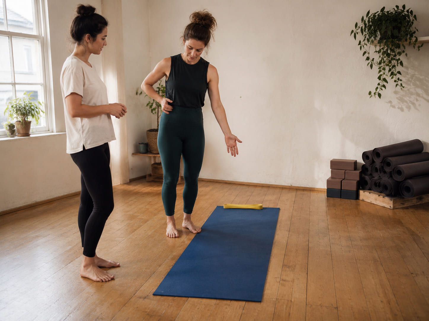 An instructor setting up a mat with a client in an independent studio